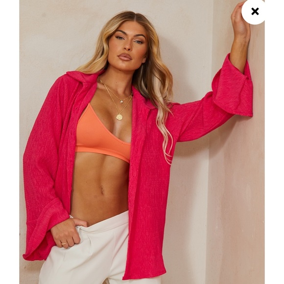 Pretty Little Thing Hot Pink Textured Pleated Shirt - size 4 - Picture 3 of 4